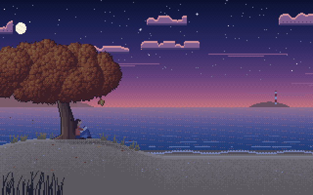 A pixel-art autumn tree on a quiet shore at dusk, a lighthouse on a small island and a person writing under the tree.