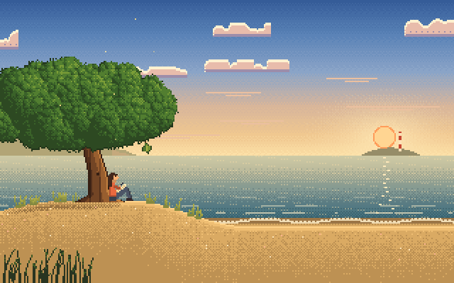 A pixel-art tree on a sandy shore in golden evening light, the sun setting over the sea next to a small island.