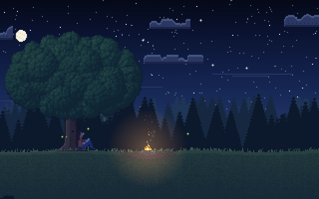 A pixel-art clearing in a pine forest at night, a small campfire glowing and a person sitting under a big tree beneath the stars.