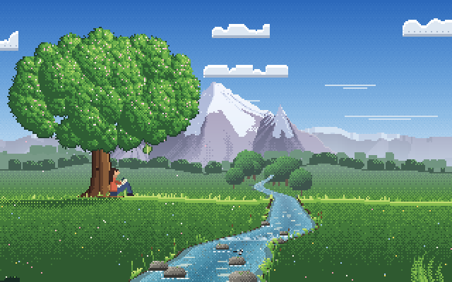 A pixel-art oak on a green spring meadow, a stream winding past and a person reading under the tree in the morning.