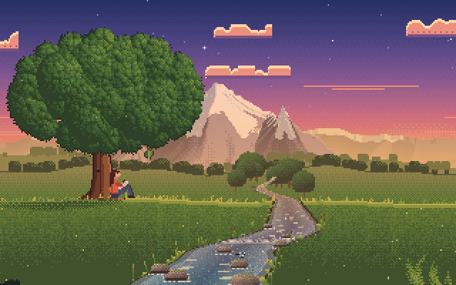 A pixel-art brook winding through a meadow at sunset, an oak on the bank and mountains in the distance.