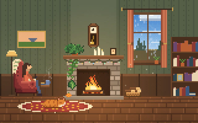 A pixel-art living room on an autumn morning, a person in an armchair by the fireplace with a cat sleeping on the rug.