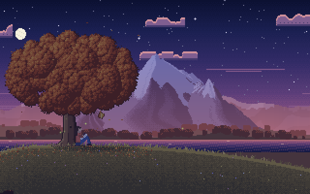 A pixel-art autumn oak on a hill at dusk, a person sitting against the trunk with a notebook.