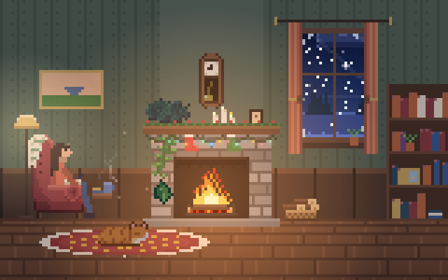 A pixel-art living room at night, a person in an armchair by the fireplace, a cat asleep on the rug and snow outside the window.