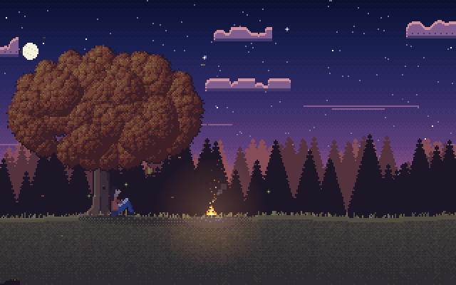 A pixel-art clearing at dusk in autumn, a small campfire among pine trees and a person writing under a big tree.