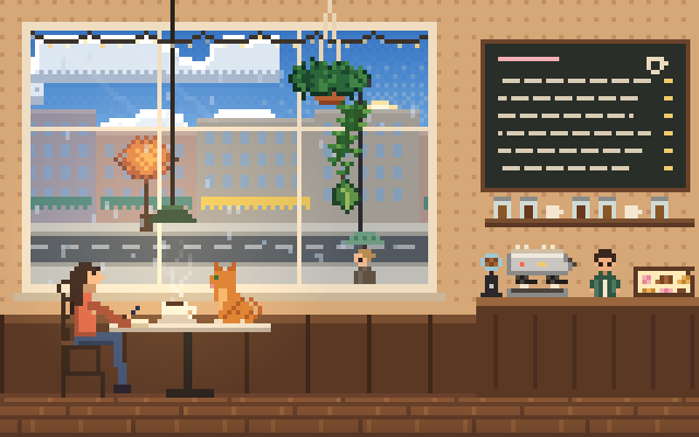 A pixel-art café window table on a rainy autumn day, a person writing with a cup of coffee and an orange cat on the table.