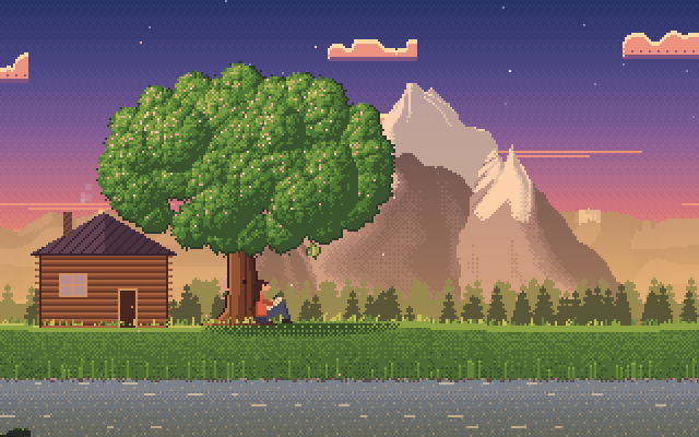 A pixel-art log cabin at sunrise in spring, a blossoming tree beside it and a person sitting under the tree.