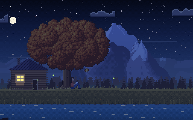 A pixel-art log cabin at night with one lit window, an autumn tree and a person sitting under it beneath the stars.
