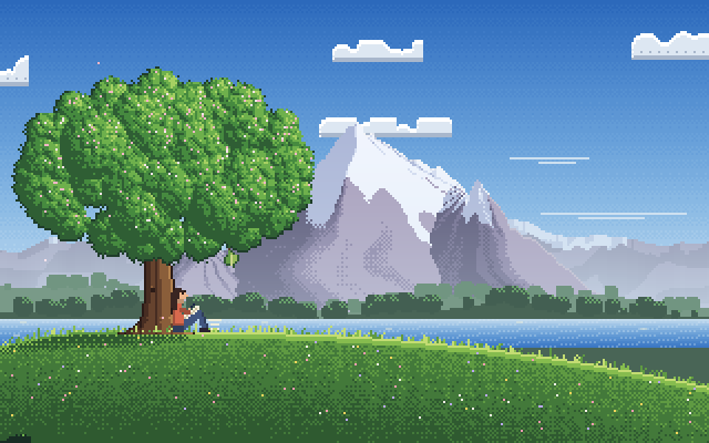 A pixel-art oak on a green hill on a spring morning, with mountains and a winding stream behind it.