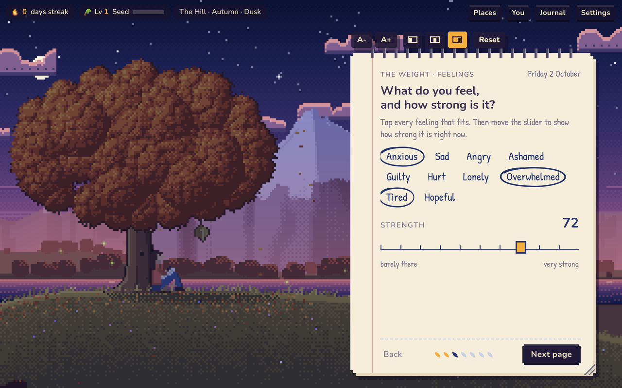 The game at dusk: the notebook open on the page about feelings, with three feelings circled and the strength set to 72.